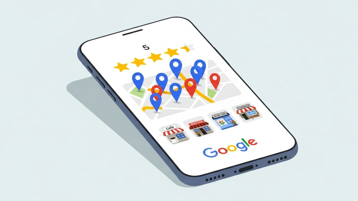 Celualr mostrando avaliações de negócios locais no Google Perfil de Empresa, com ícone de localização, loja e logo do Google em ilustração moderna