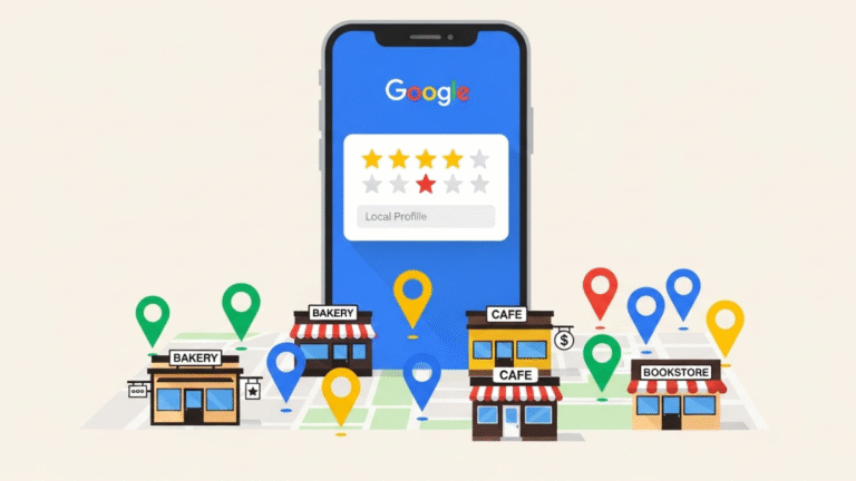 1- Smartphone mostrando avaliações de negócios locais no Google Perfil de Empresa, com ícone de localização, loja e logo do Google em ilustração moderna