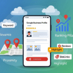 Ilustração de um perfil de negócio otimizado no Google Business Profile: smartphone exibindo ficha de empresa no Google Maps com estrelas de avaliação, botões de ligações e rotas. Elementos flutuantes representam os 3 pilares de ranqueamento: relevância (ícone de palavras-chave), proximidade (pinos de mapa) e destaque (medalhas de avaliações). Fundo gradiente azul-verde com seta ascendente simbolizando crescimento.