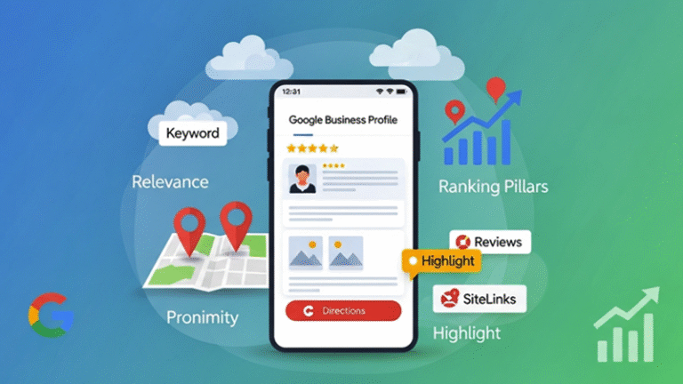 Ilustração de um perfil de negócio otimizado no Google Business Profile: smartphone exibindo ficha de empresa no Google Maps com estrelas de avaliação, botões de ligações e rotas. Elementos flutuantes representam os 3 pilares de ranqueamento: relevância (ícone de palavras-chave), proximidade (pinos de mapa) e destaque (medalhas de avaliações). Fundo gradiente azul-verde com seta ascendente simbolizando crescimento.