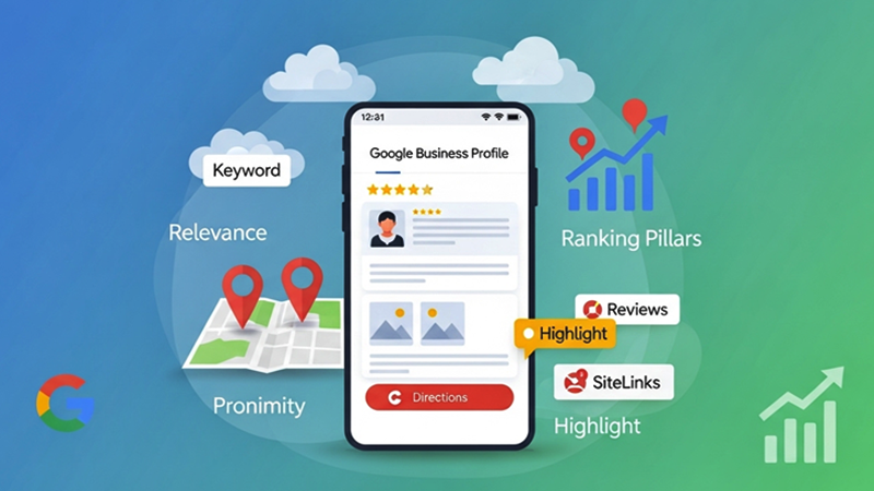 Ilustração de um perfil de negócio otimizado no Google Business Profile: smartphone exibindo ficha de empresa no Google Maps com estrelas de avaliação, botões de ligações e rotas. Elementos flutuantes representam os 3 pilares de ranqueamento: relevância (ícone de palavras-chave), proximidade (pinos de mapa) e destaque (medalhas de avaliações). Fundo gradiente azul-verde com seta ascendente simbolizando crescimento.