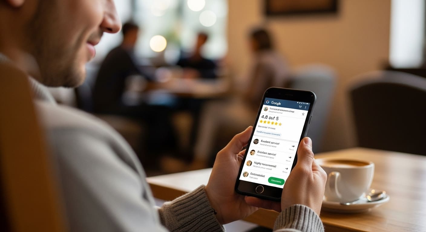 Cliente lendo avaliações online de uma empresa local no Google