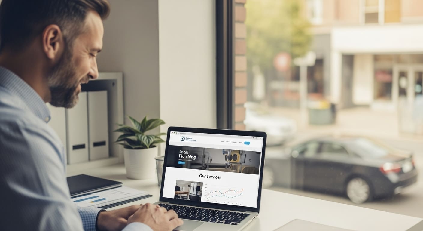 site-para-empresas-locais - Empresário local satisfeito vendo o site da empresa gerar mais vendas online